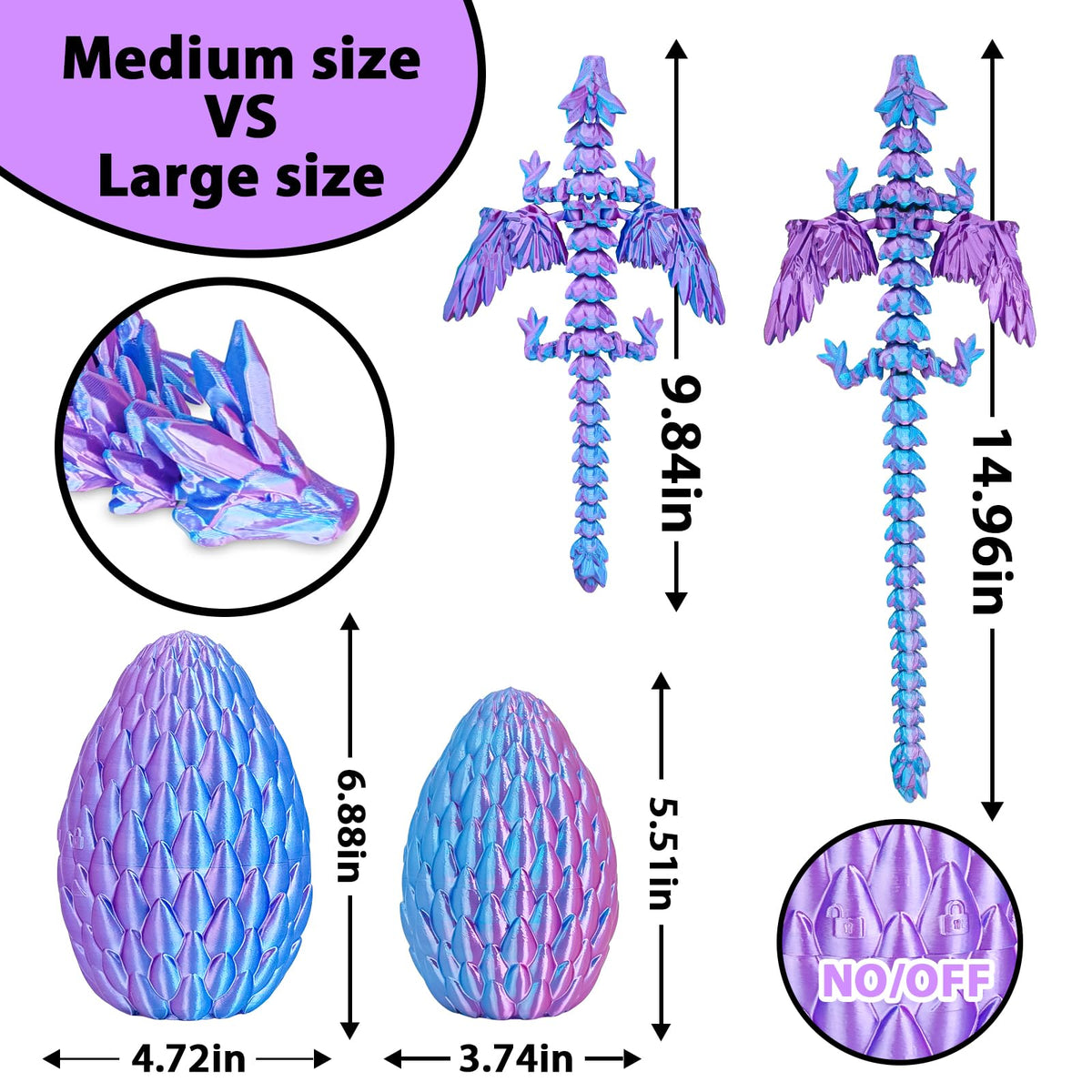 Winged Dragon Inside Surprise Egg Fun Collectible Toy Gift for Kids and Adults, 3D Printed Fantasy Dragon Ideal for Christmas Easter Birthdays and Holiday Decorations (Purple, Medium)